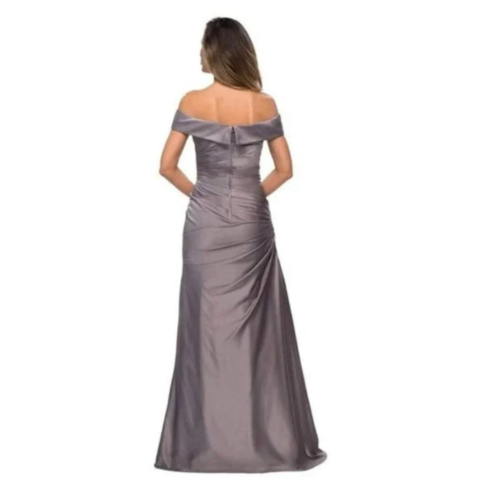 La Femme Off The Shoulder Ruched Satin Trumpet Gown - Picture 2 of 12